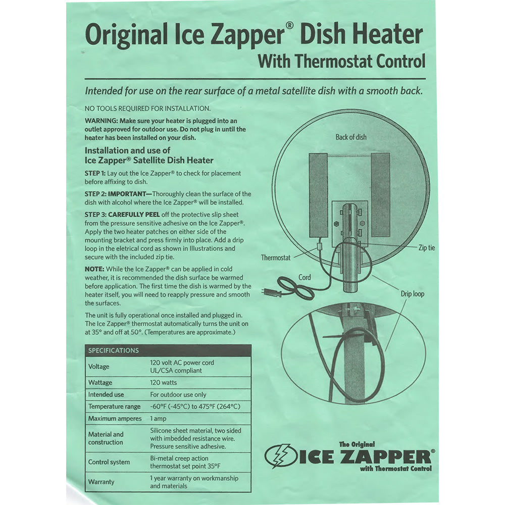 Ice Zapper Satellite Dish Heater w Thermostat (Original)