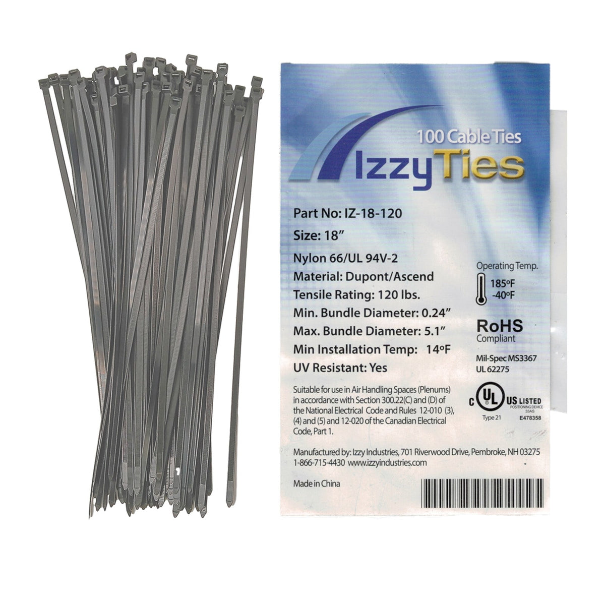 18" Nylon Zip Ties, Black, 120 lb. - The Satellite Shop