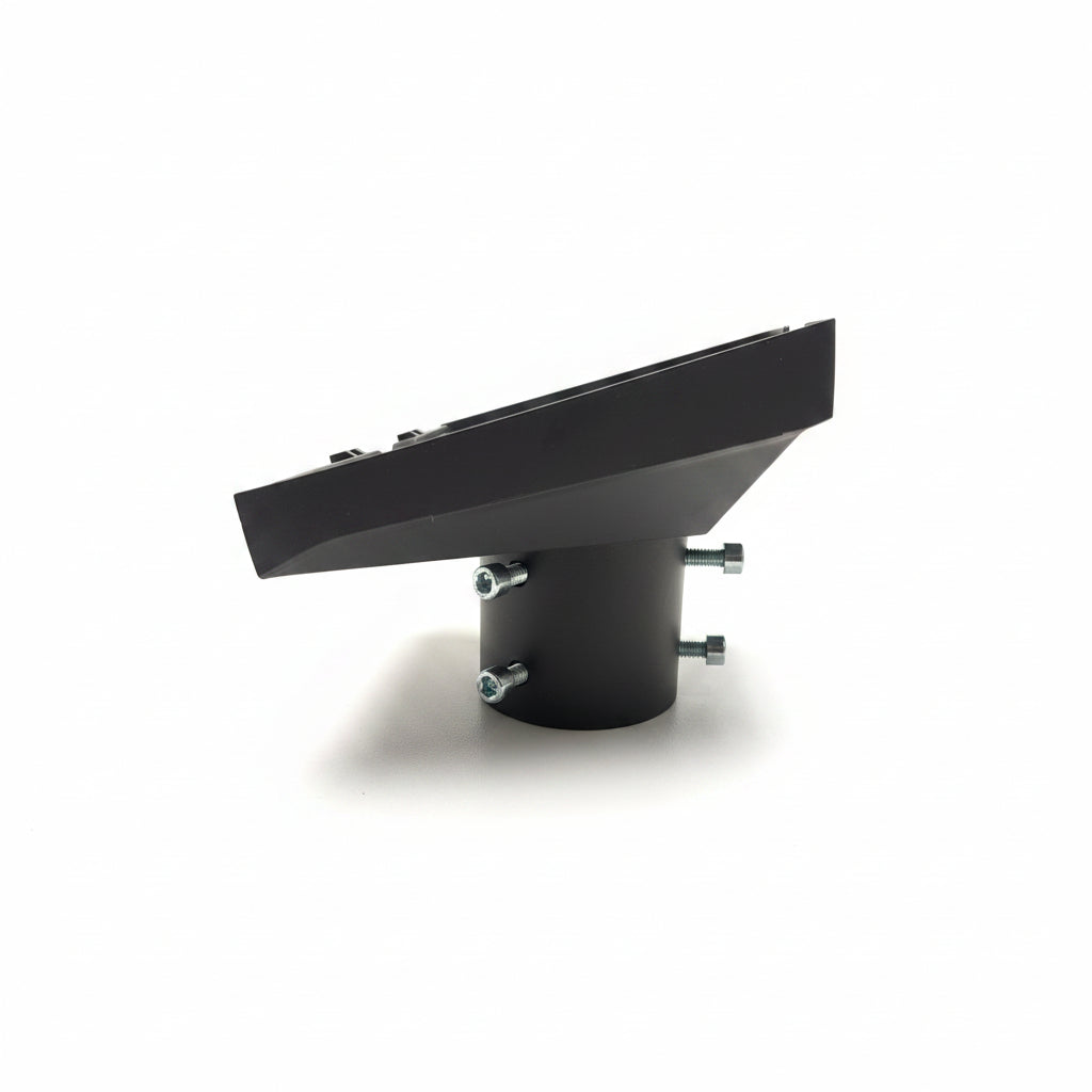 Black metal Starlink Mounting bracket on a beige surface with a brown textured background