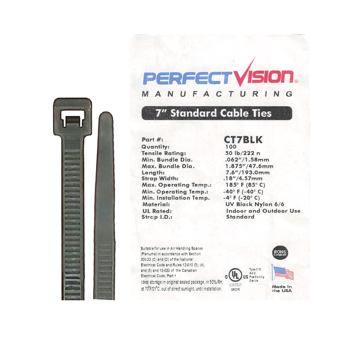 7" Black Nylon Zip Ties, Indoor/Outdoor, 50lb, Heavy Duty - The Satellite Shop