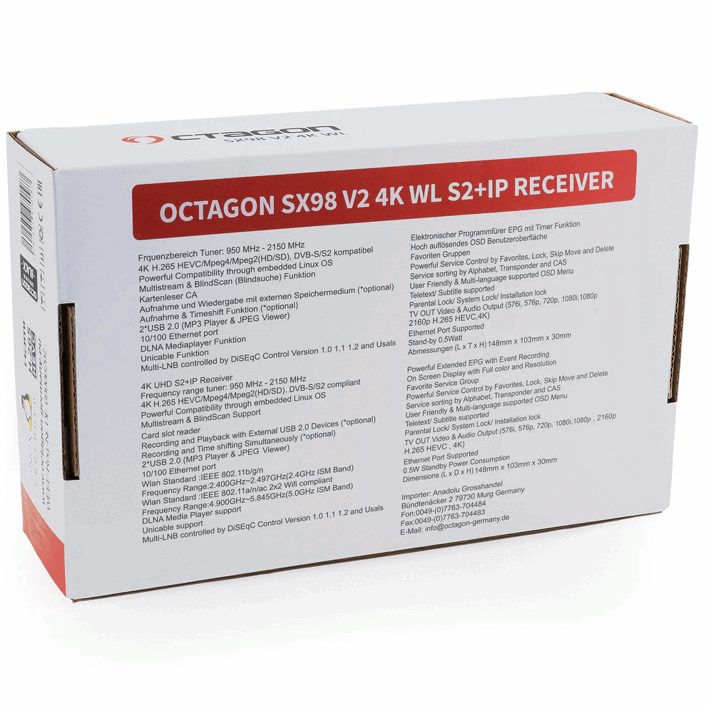 Octagon SX98 V2 4K UHD Sat Receiver - WiFi 5, Linux, PVR